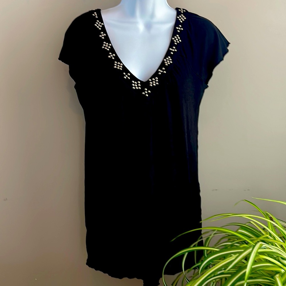 INC Black V Neck Blouse w/studs around the neck.